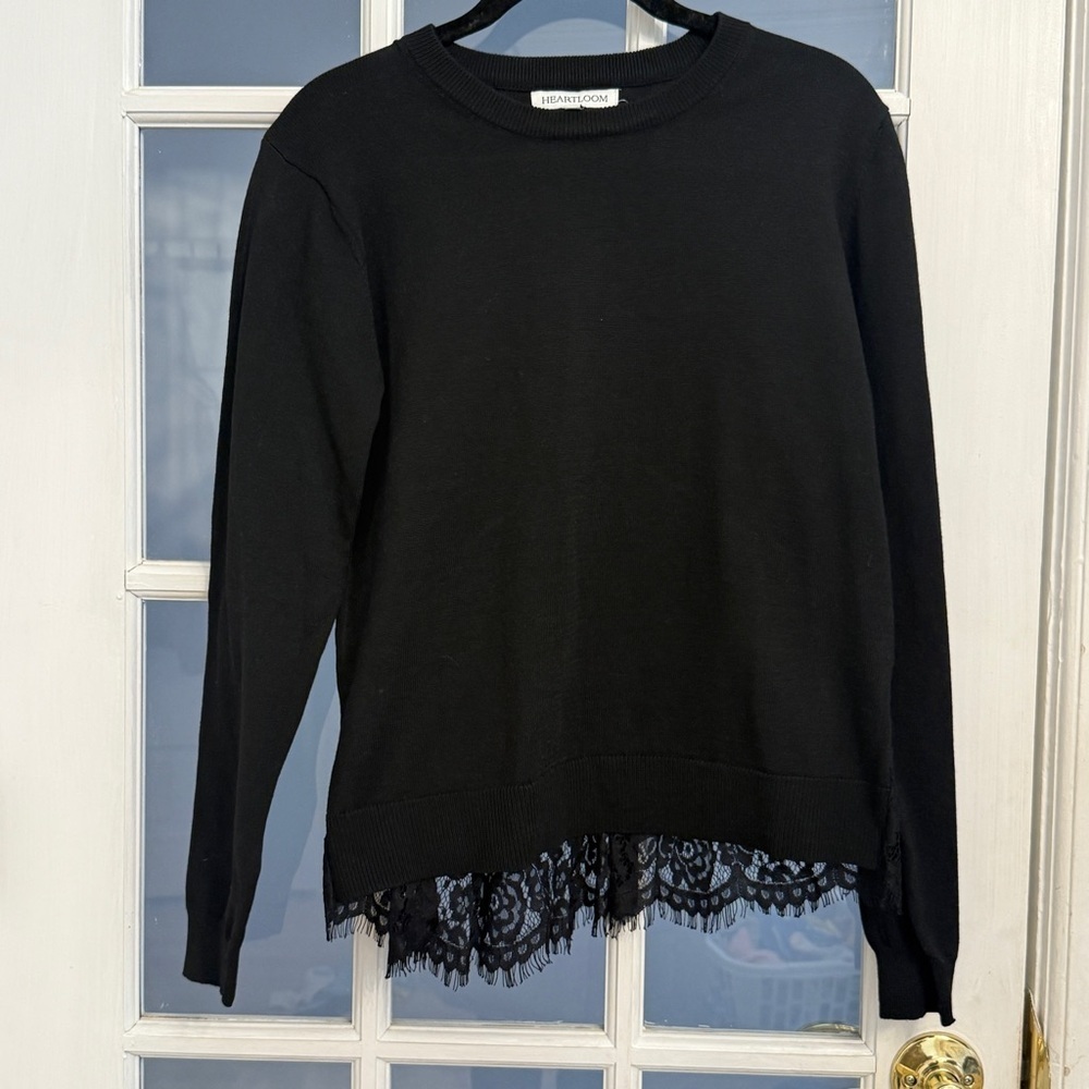 HEARTLOOM Women's Black Lace Detail Crewneck Sweater Size XS
